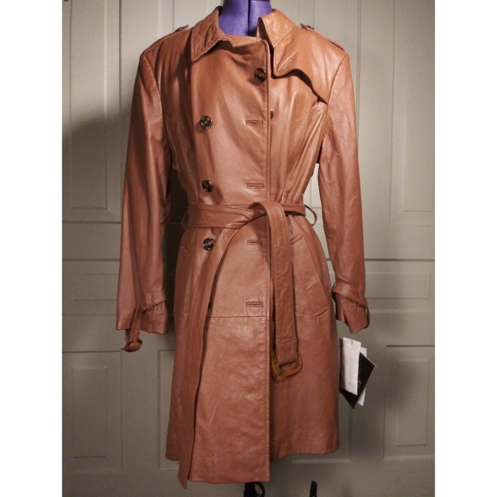 NWT Real leather trench coat camel brown jacket